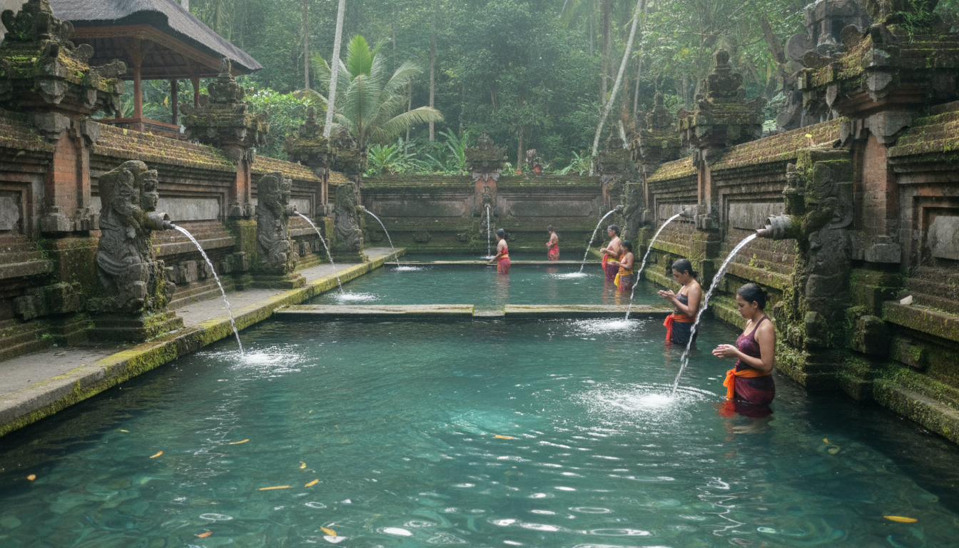 découvrez pura tirta empul, le temple de l'eau sacrée à bali, et vivez les rituels traditionnels melukat. profitez d'une visite guidée immersive en 1 à 2 heures pour une expérience spirituelle unique.