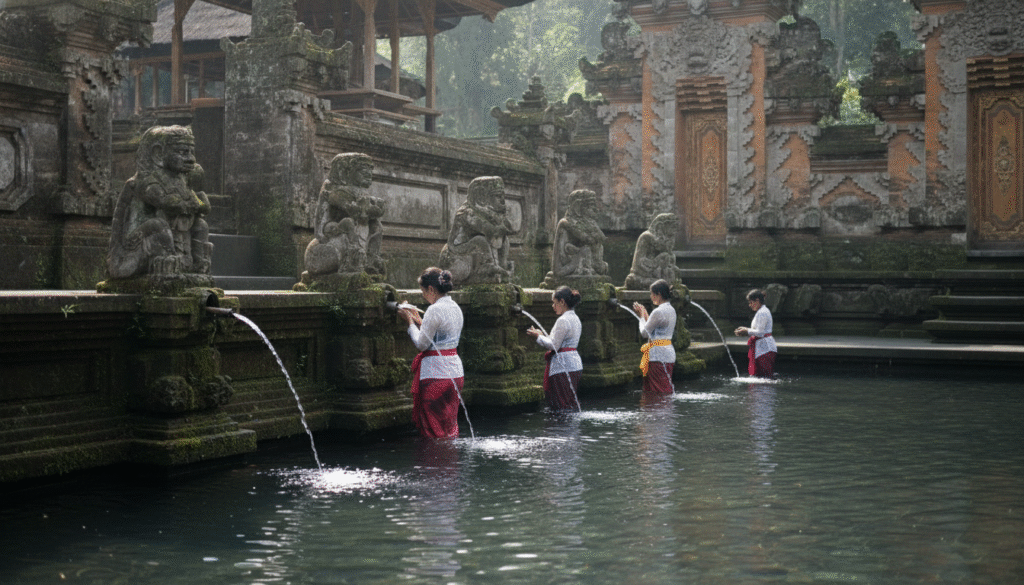 explorez pura tirta empul, le temple de l'eau sacrée à bali. participez aux rituels traditionnels melukat et profitez d'une visite guidée immersive en 1 à 2 heures.