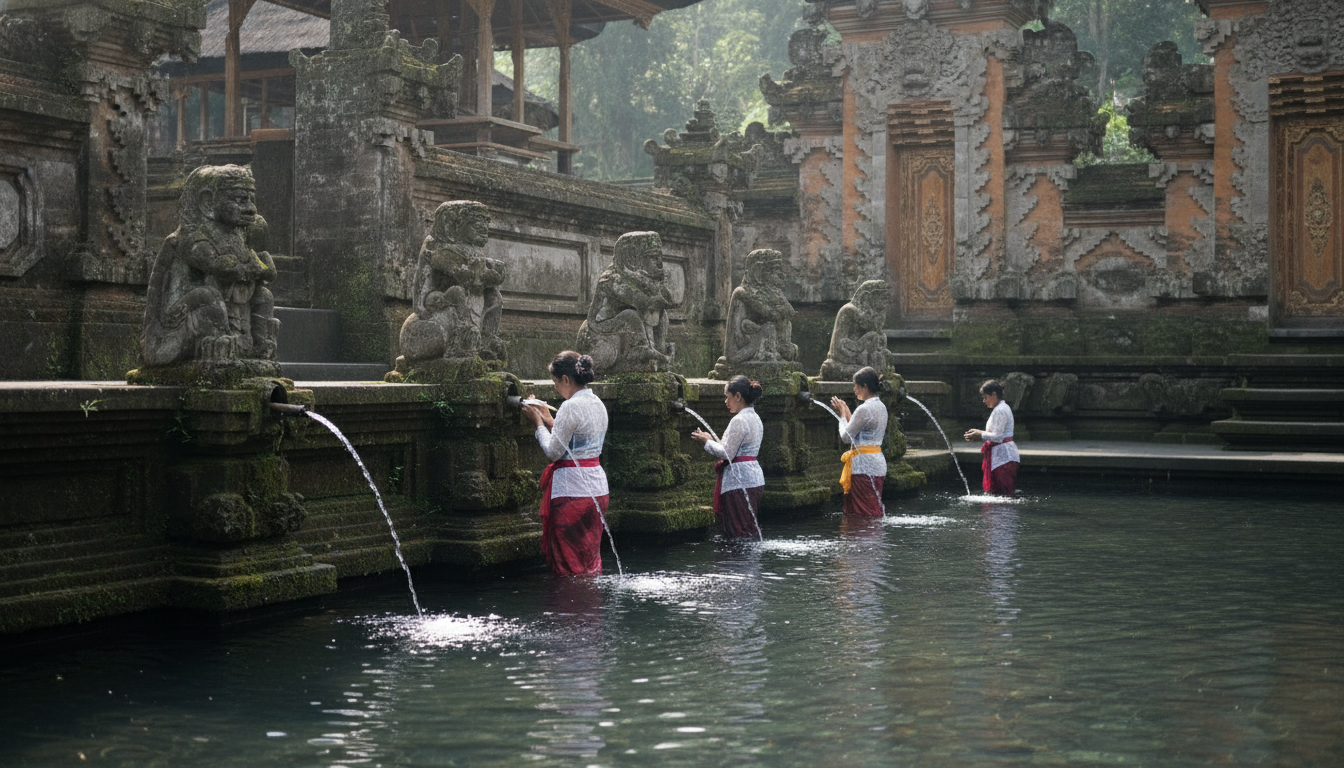 explorez pura tirta empul, le temple de l'eau sacrée à bali. participez aux rituels traditionnels melukat et profitez d'une visite guidée immersive en 1 à 2 heures.
